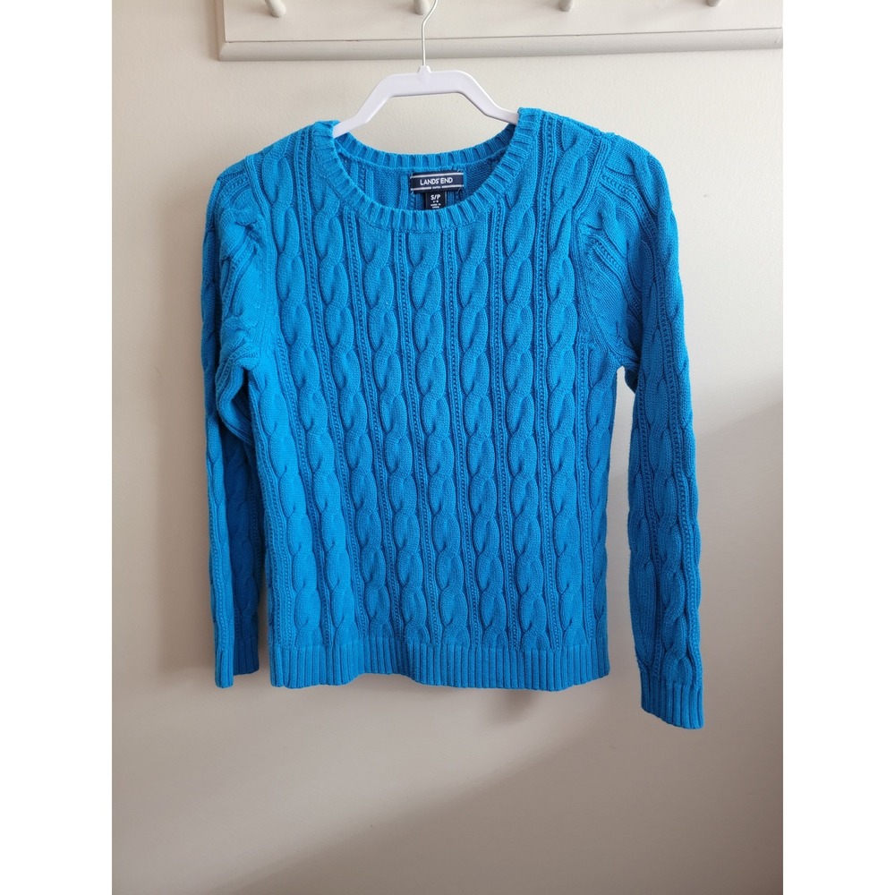 Lands End Drifter Cable Knit Sweater Turquoise Blue Crew Neck Small 6-8 Classic